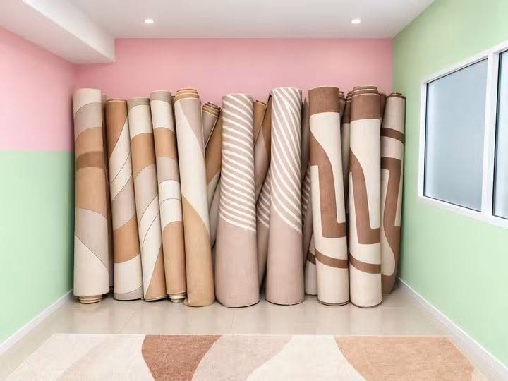 Une douzaine de tapis roulés aux motifs beige, blanc et caramel, debout dans une pièce rose et vert d'eau