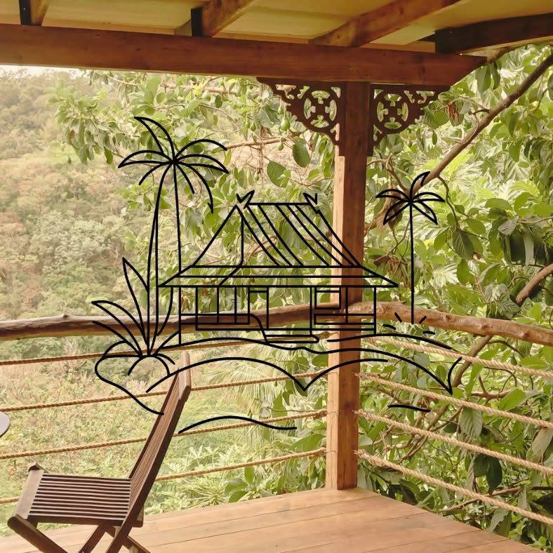 Coin terrasse avec chaise en bois et garde-corps en cordage